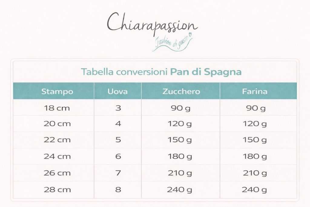 Tabella conversioni delle dosi del pan di Spagna in base alla dimensione dello stampo.