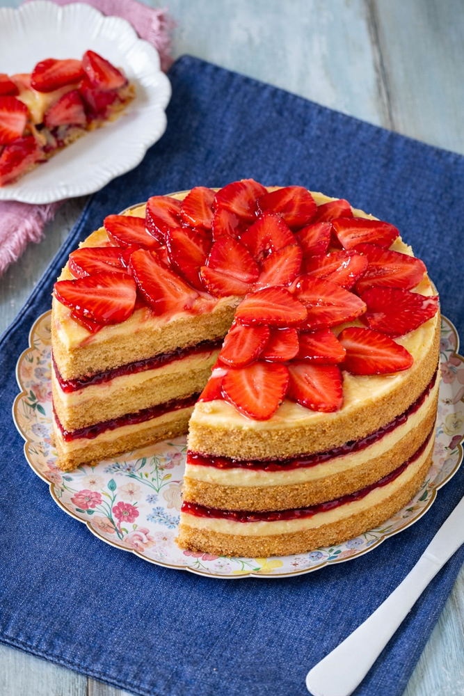 torta pan di spagna con crema e fragole