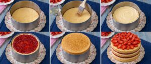 assemblaggio torta pan di spagna con crema e fragole passaggi